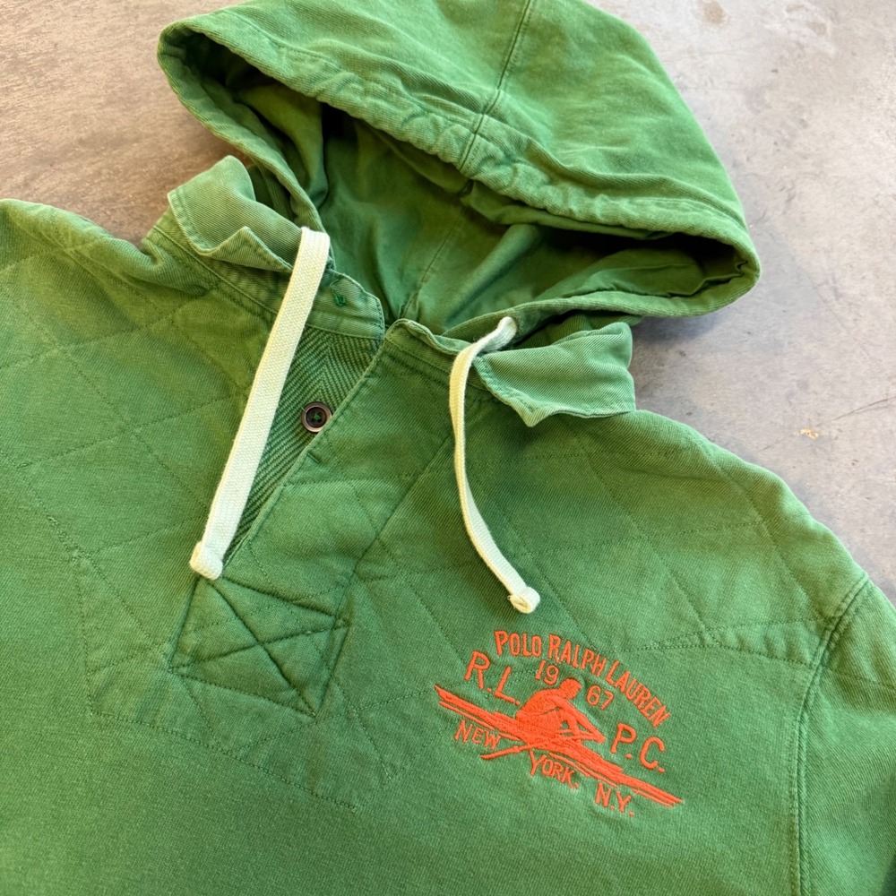 Polo Ralph Lauren Green Quilted Henley Hoodie Mens Large Rowing Graphic Pullover